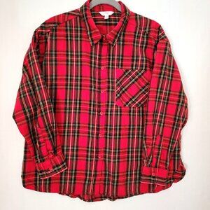 Time & Tru Womens Shirt Sz XL Button Down Flannel Long Sleeve Red Cotton Plaid